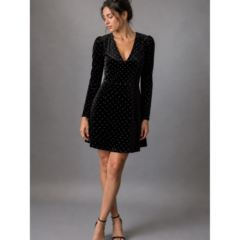 Francesca’s Mi Ami Black Velvet Rhinestone Mini Dress Puff Sleeve Size S